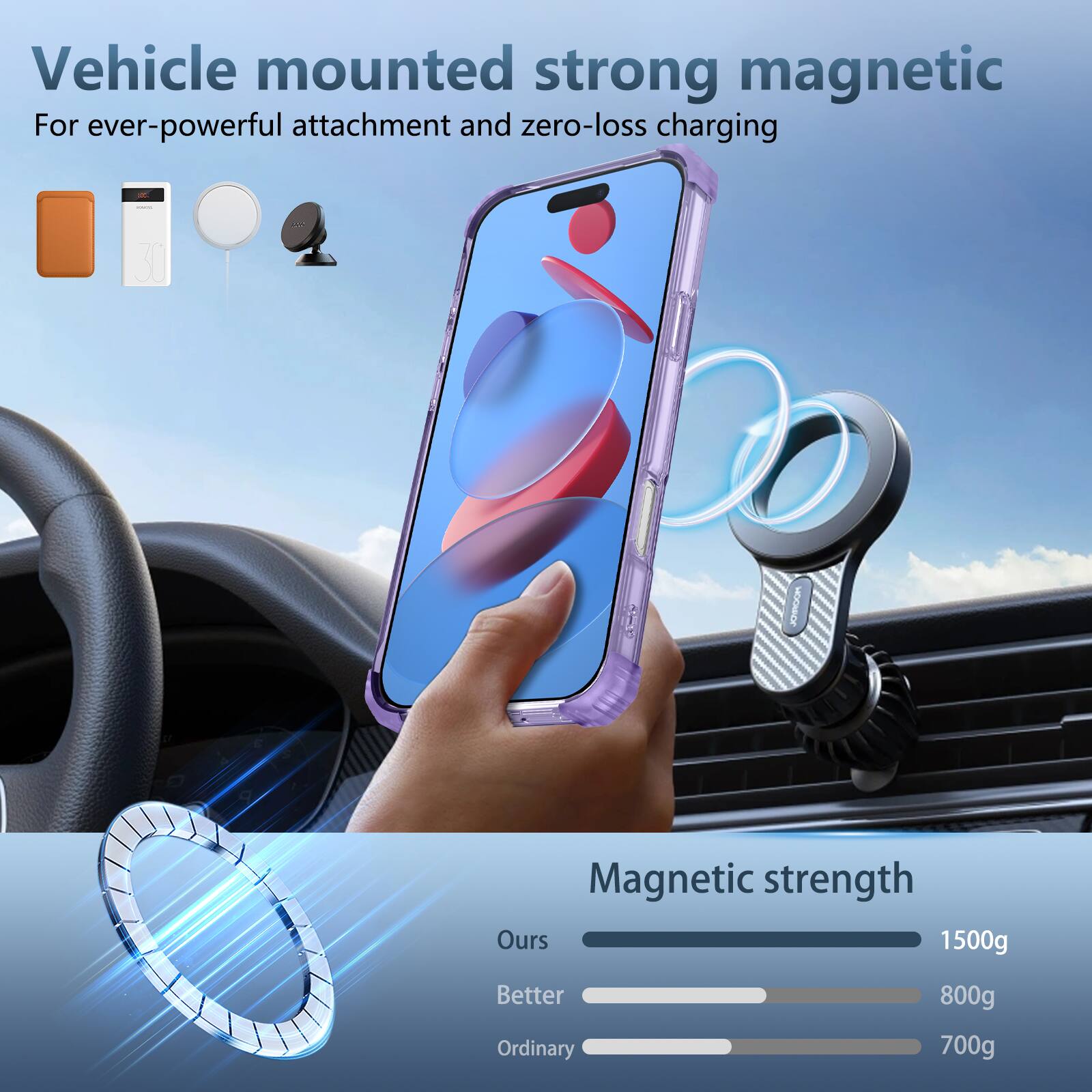 Vehicle mounted strong magnetic  
For ever-powerful attachment and zero-loss charging  

Magnetic strength  
Ours: 1500g  
Better: 800g  
Ordinary: 700g