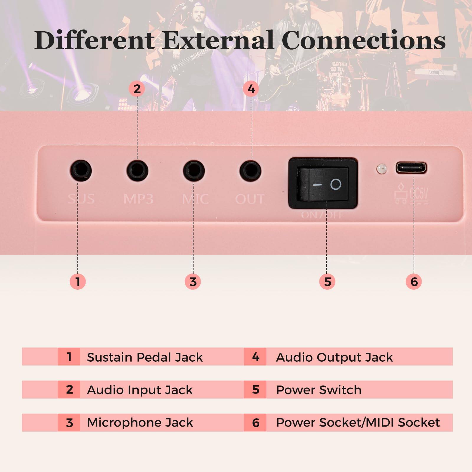 Different External Connections

1. Sustain Pedal Jack
2. Audio Input Jack
3. Microphone Jack
4. Audio Output Jack
5. Power Switch
6. Power Socket/MIDI Socket