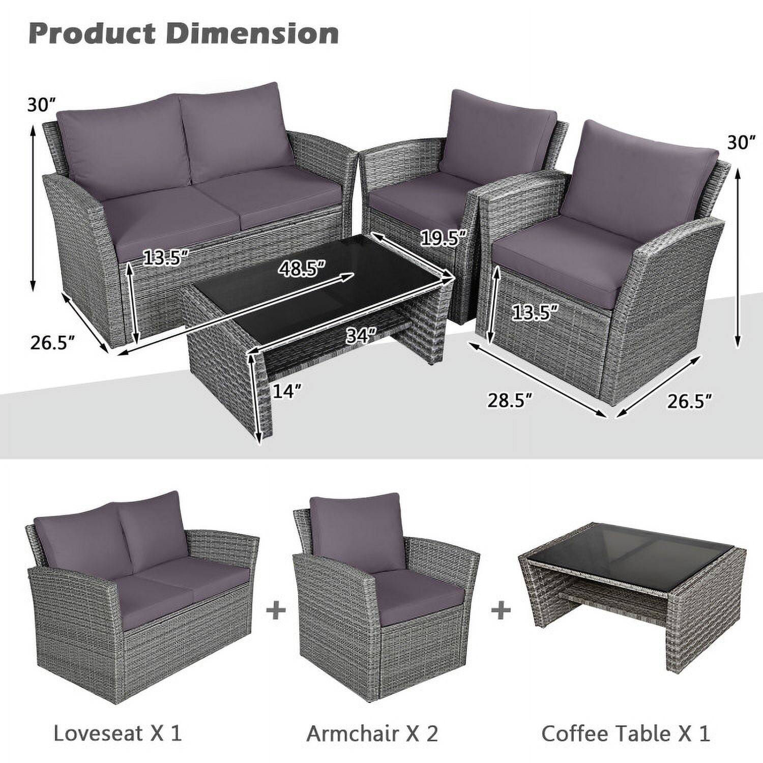 Product Dimension  
30" 30" 13.5" 48.5" 19.5" 26.5" 34" 13.5" 14" 28.5" 26.5"  

Loveseat X 1  
Armchair X 2  
Coffee Table X 1