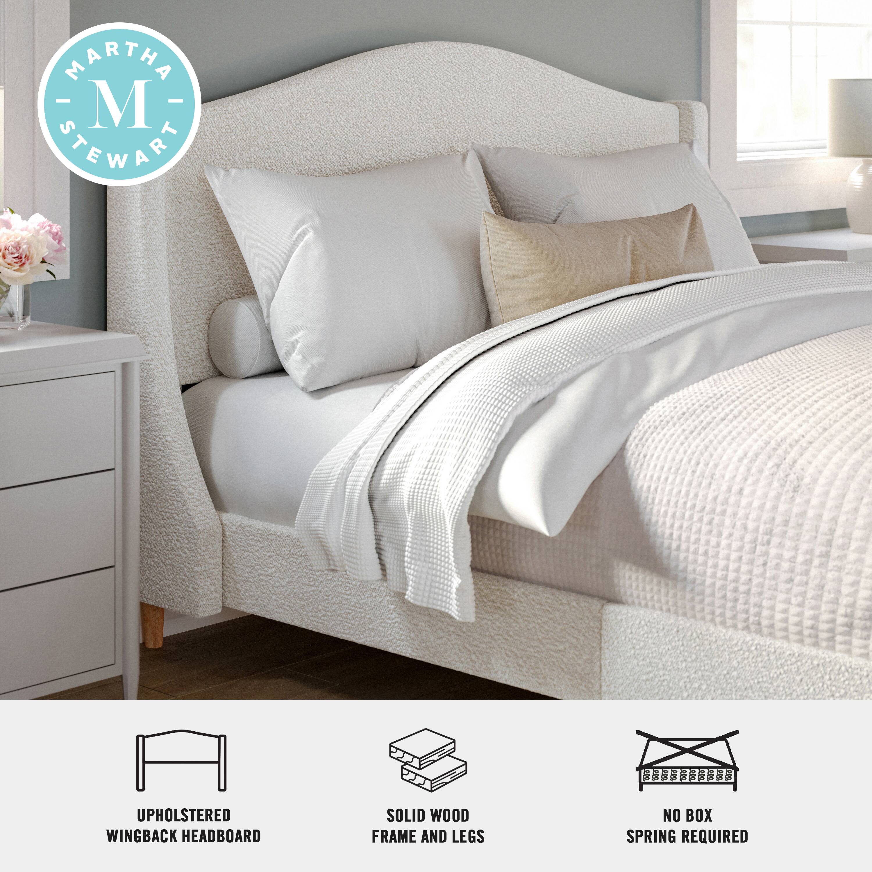 MARTHA - M STEWART  
UPHOLSTERED WINGBACK HEADBOARD  
SOLID WOOD FRAME AND LEGS  
NO BOX SPRING REQUIRED