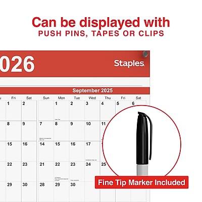 Can be displayed with PUSH PINS, TAPES OR CLIPS

026

Staples

September 2025

Sun Mon Tue Wed Thu Fri Sat

1 2 3 4 5 6 7

8 9 10 11 12 13 14

15 16 17 18 19 20 21

22 23 24 25 26 27 28

29 30 31

Fine Tip Marker Included