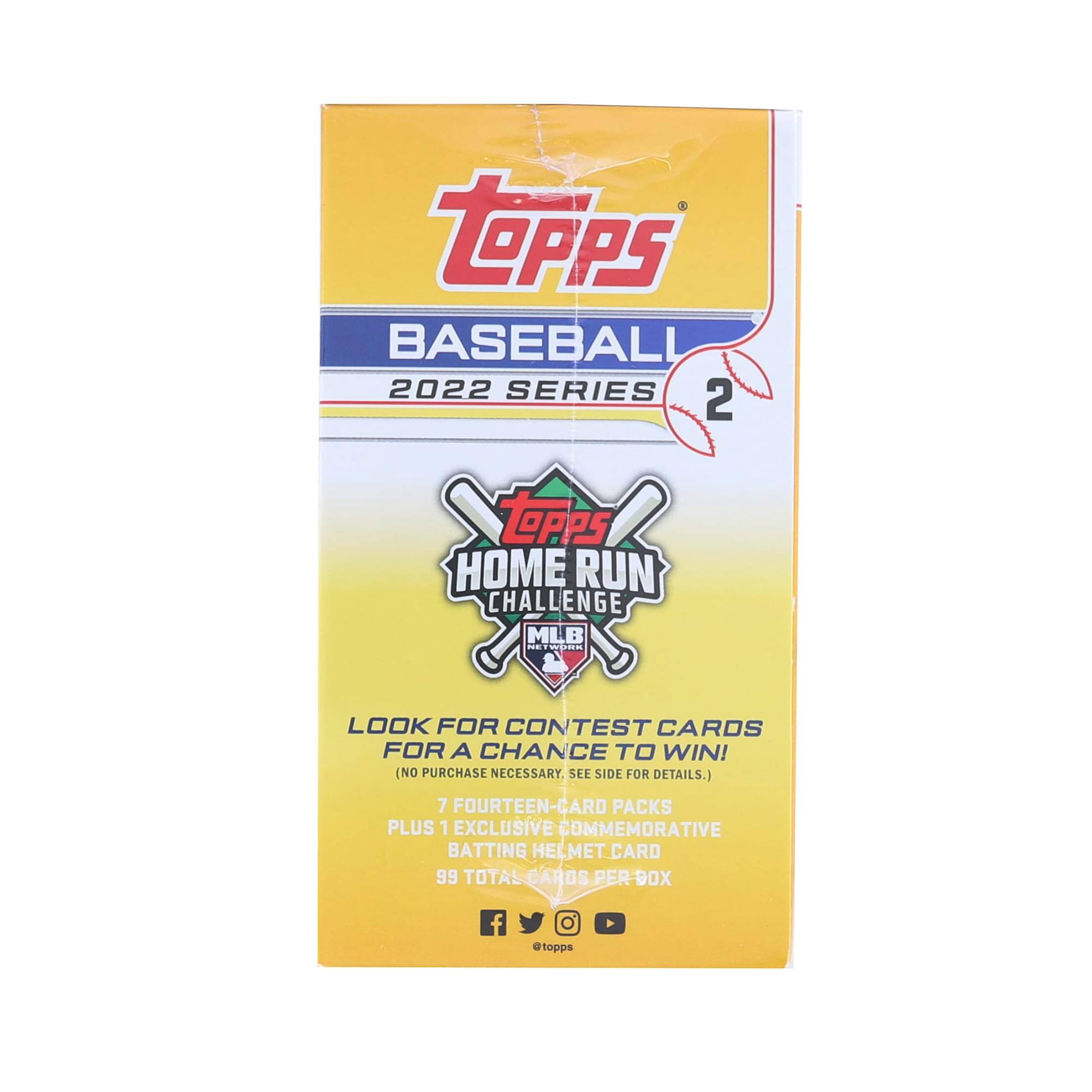 ToPPS BASEBALL 2022 SERIES 2  
TPPS HOME RUN CHALLENGE MLB  
LOOK FOR CONTEST CARDS FOR A CHANCE TO WIN! (NO PURCHASE NECESSARY. SEE SIDE FOR DETAILS.)  
7 FOURTEEN-CARD PACKS PLUS 1 EXCLUSIVE COMMEMORATIVE BATTING HELMET CARD  
99 TOTAL CARDS PER 90X  
f topps