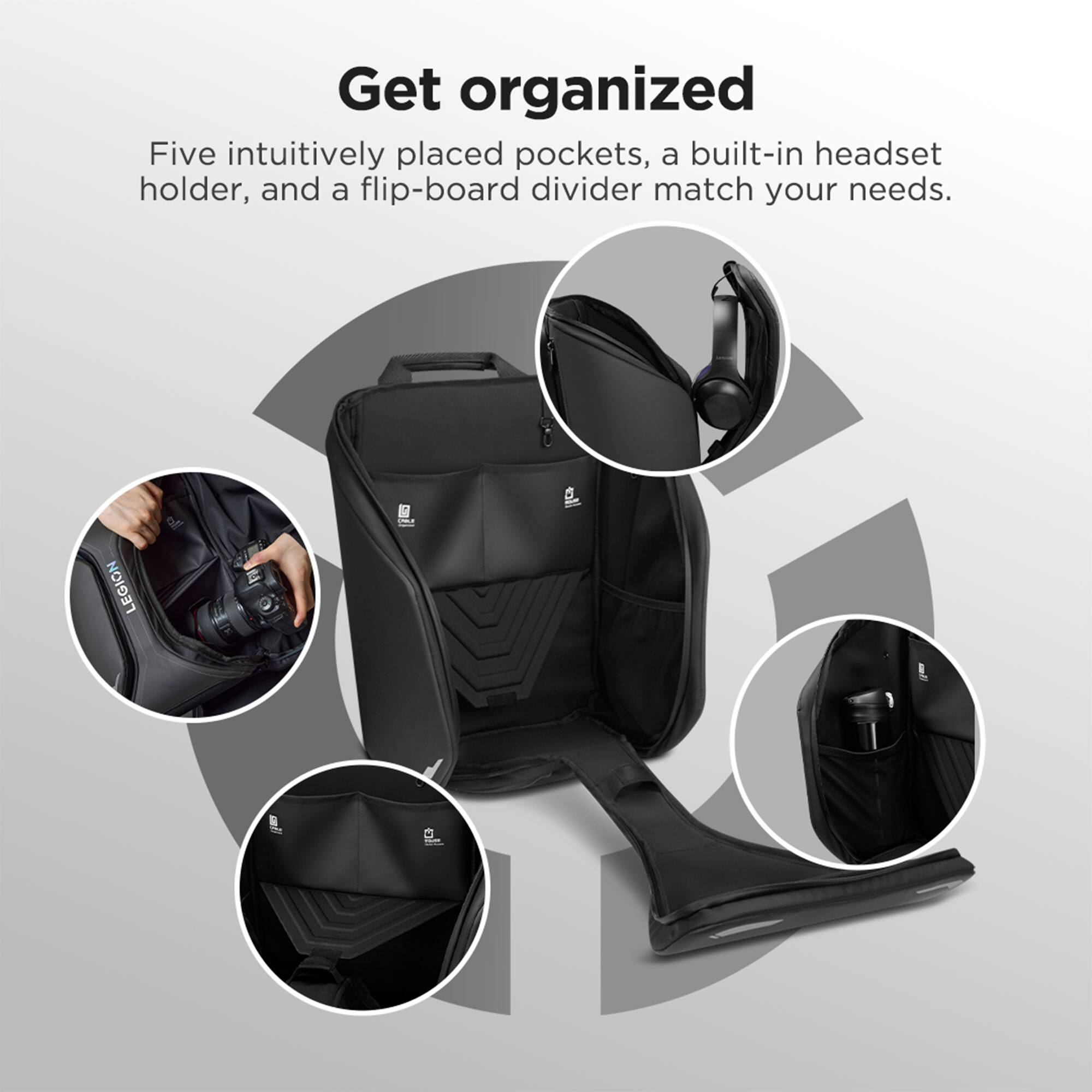Get organized

Five intuitively placed pockets, a built-in headset holder, and a flip-board divider match your needs.