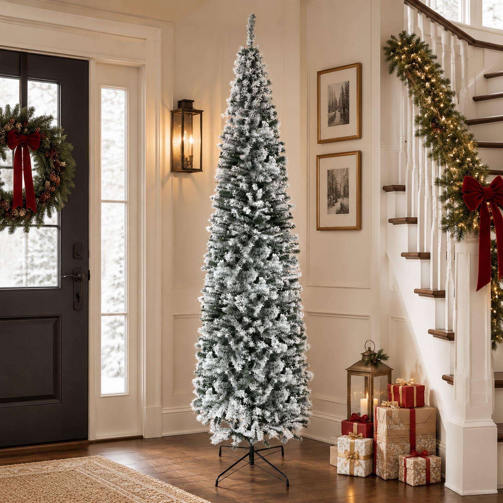 Alt View 1. RYHNUYNE - 9 Ft Unlit Snow Flocked Slim Artificial Christmas Tree With 1014 Tips, Metal Stand Narrow Holiday Home Decor - Green.