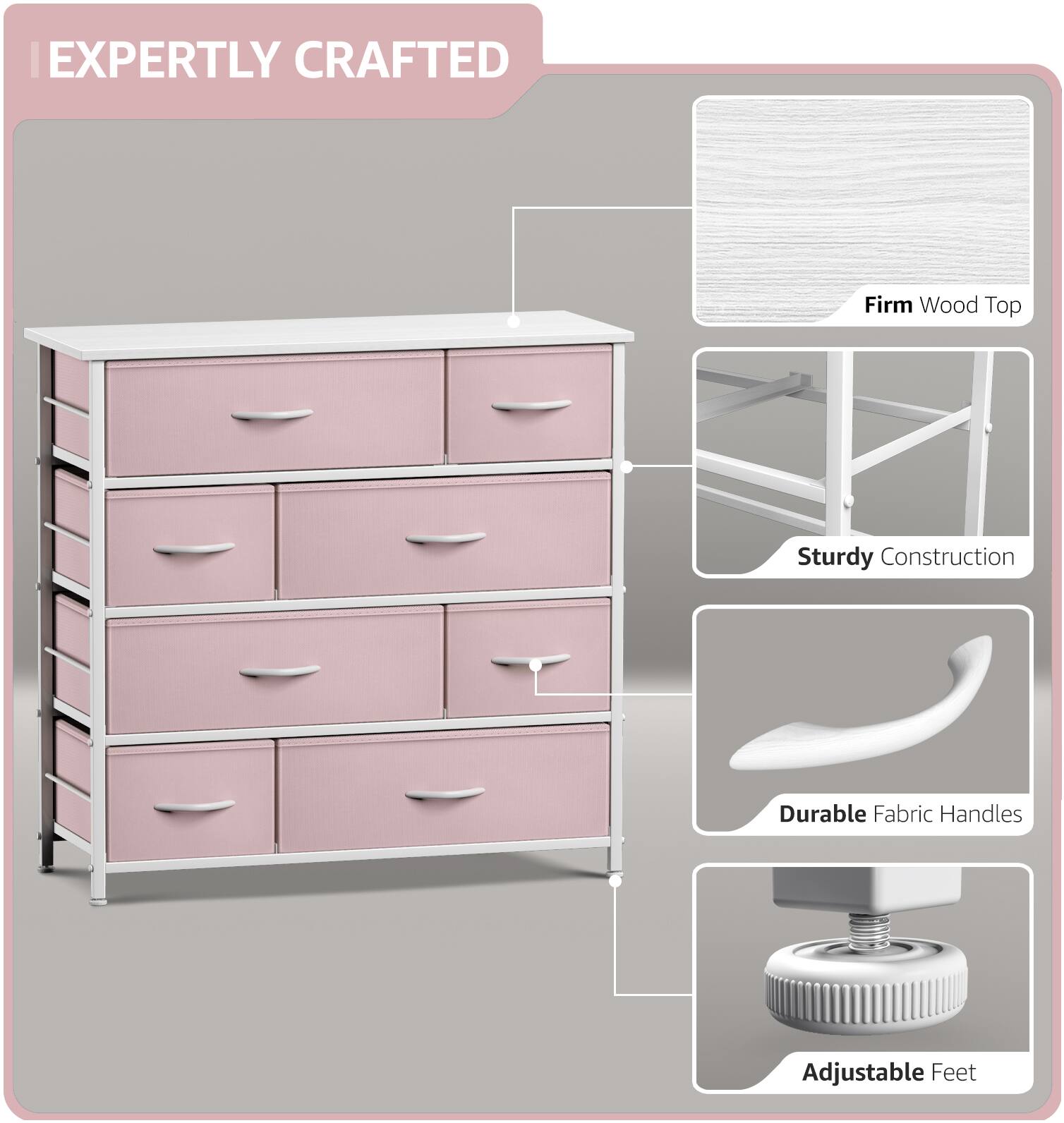 EXPERTLY CRAFTED

- Firm Wood Top
- Sturdy Construction
- Durable Fabric Handles
- Adjustable Feet