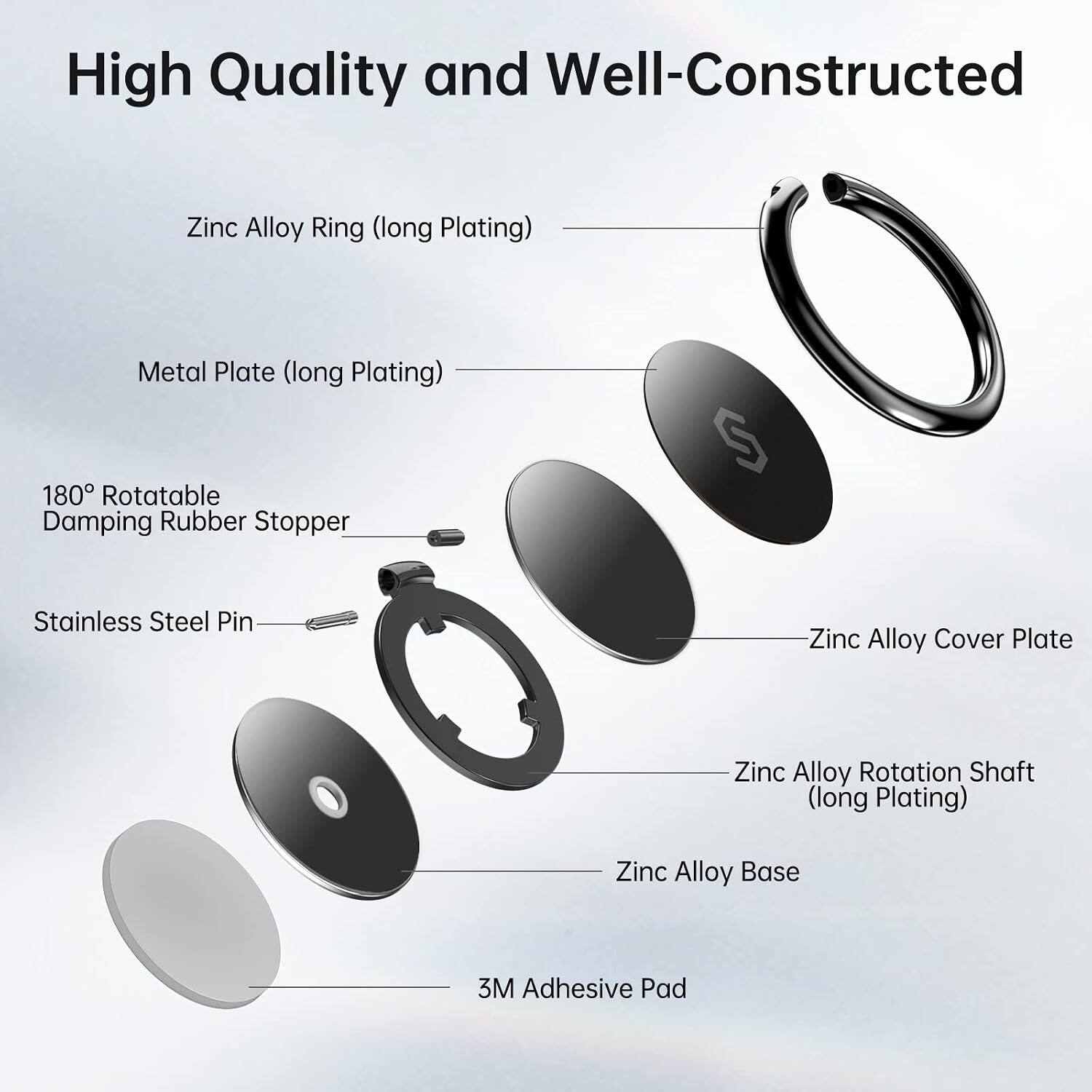 High Quality and Well-Constructed

- Zinc Alloy Ring (long Plating)
- Metal Plate (long Plating)
- 180° Rotatable Damping Rubber Stopper
- Stainless Steel Pin
- Zinc Alloy Cover Plate
- Zinc Alloy Rotation Shaft (long Plating)
- Zinc Alloy Base
- 3M Adhesive Pad