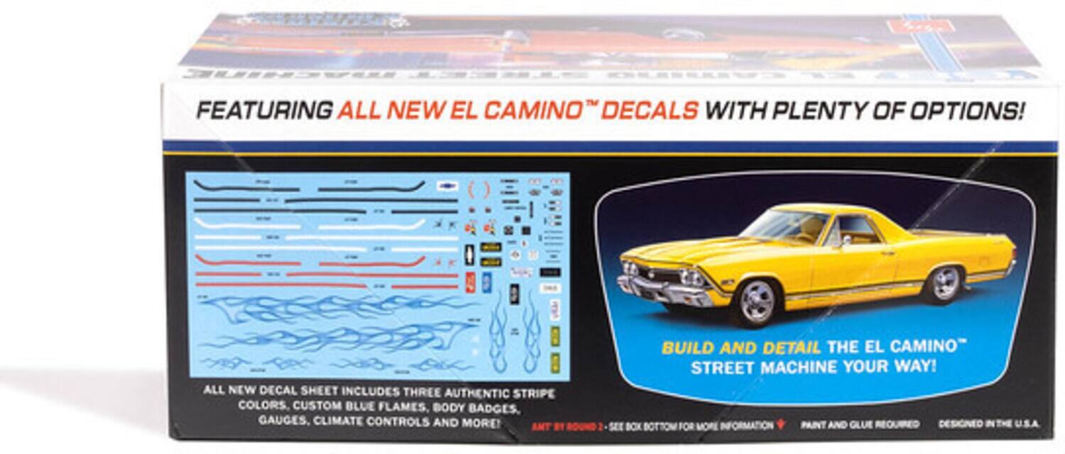 US CAMINO™ DECALS WITH PLENTY OF OPTIONS!  
FEATURING ALL NEW EL CAMINO™ DECALS WITH PLENTY OF OPTIONS!  
ALL NEW DECAL SHEET INCLUDES THREE AUTHENTIC STRIPE COLORS, CUSTOM BLUE FLAMES, BODY BADGES, GAUGES, CLIMATE CONTROLS AND MORE!  
AMT BUILD AND DETAIL THE EL CAMINO™ STREET MACHINE YOUR WAY!  
SEE BOX BOTTOM FOR MORE INFORMATION  
PAINT AND GLUE REQUIRED  
DESIGNED IN THE U.S.A.