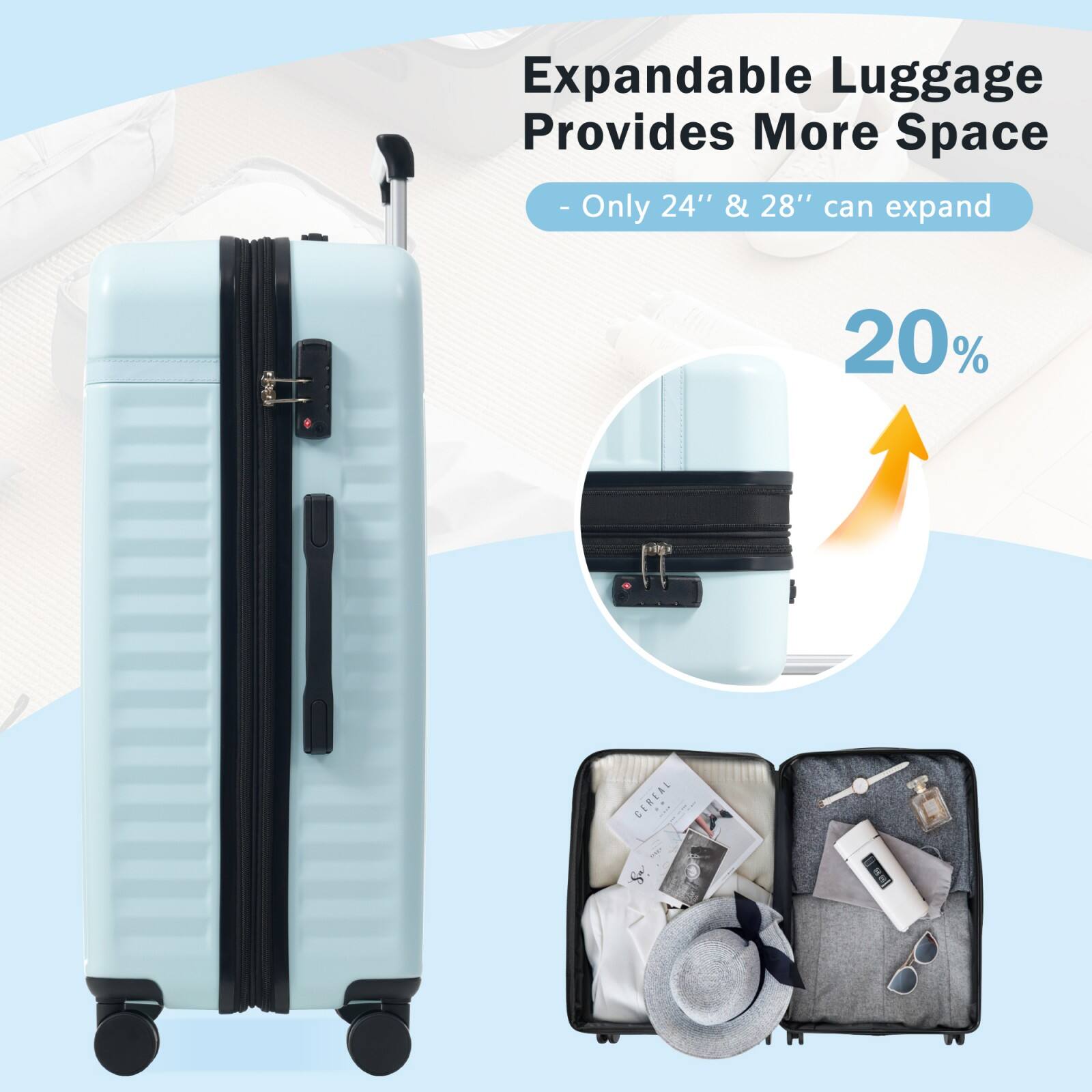 Expandable Luggage Provides More Space  
- Only 24" & 28" can expand  
20%