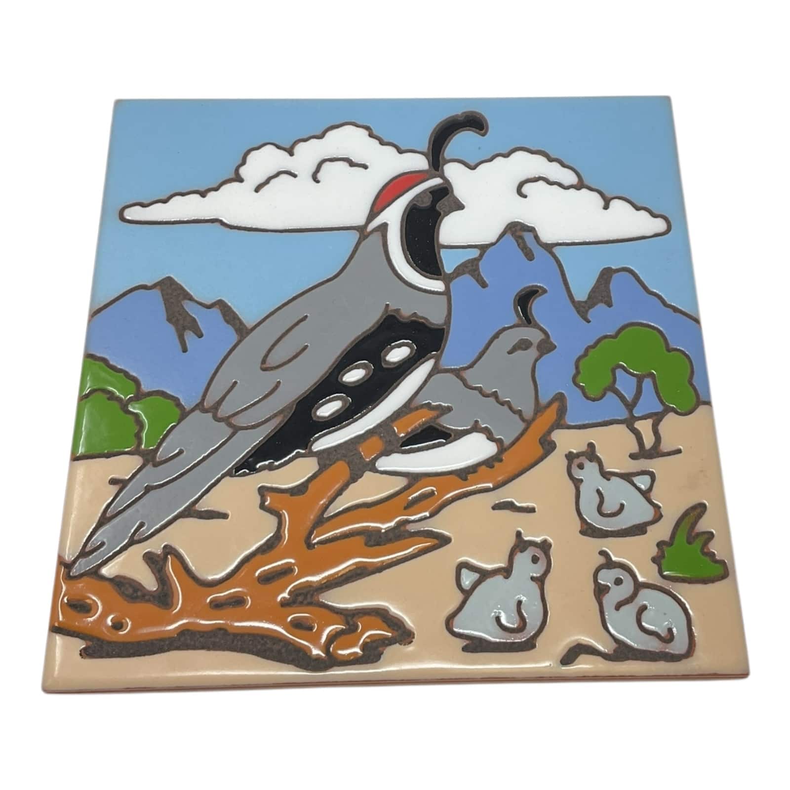 Earthtones Tile - Earthtones Quail with Babies Southwest 6X6 Hand Glazed Decorative Tile or Kitchen Trivet - Multicolor