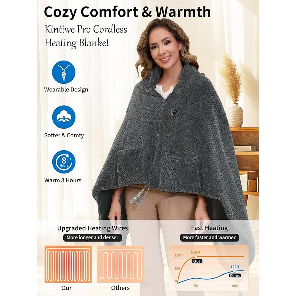 Cozy Comfort & Warmth  
Kintiwe Pro Cordless Heating Blanket  

- Wearable Design  
- Softer & Comfy  
- Warm 8 Hours  

Upgraded Heating Wires  
More longer and denser  

Fast Heating  
More faster and warmer  

Our: 150°F  
Others: 122°F  

Our: 55S  
Others: 60S