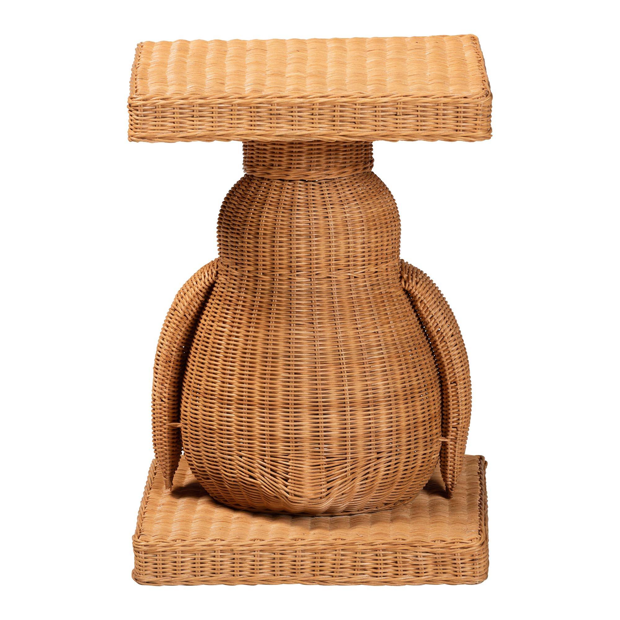 Back. bali & pari - Pembroke Penguin End Table - Handwoven Rattan Sculptural Accent Side Table with Platform Base - Light Honey.