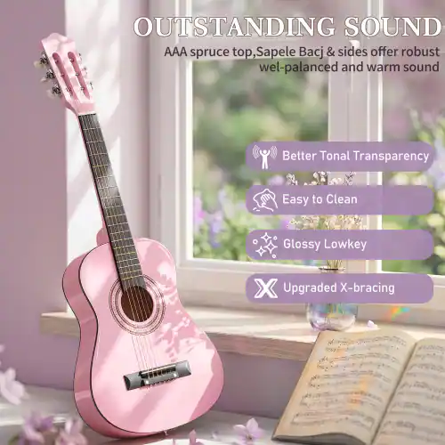 OUTSTANDING SOUND  
AAA spruce top, Sapele Bacj & sides offer robust well-balanced and warm sound  
Better Tonal Transparency  
Easy to Clean  
Glossy Lowkey  
Upgraded X-bracing