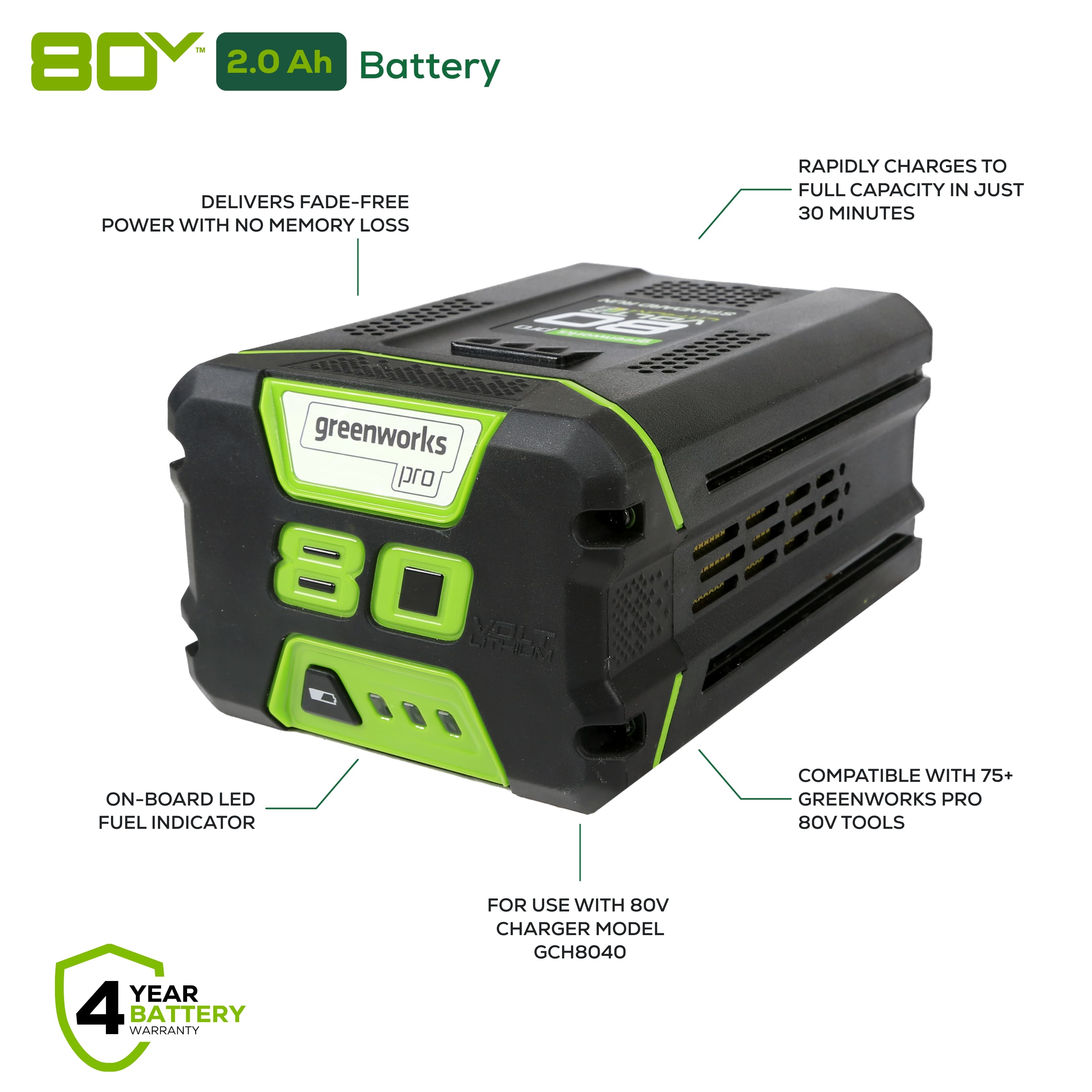 Alt View 12. Greenworks - 80 Volt 2Ah Battery (Charger not included) - Black/Green.