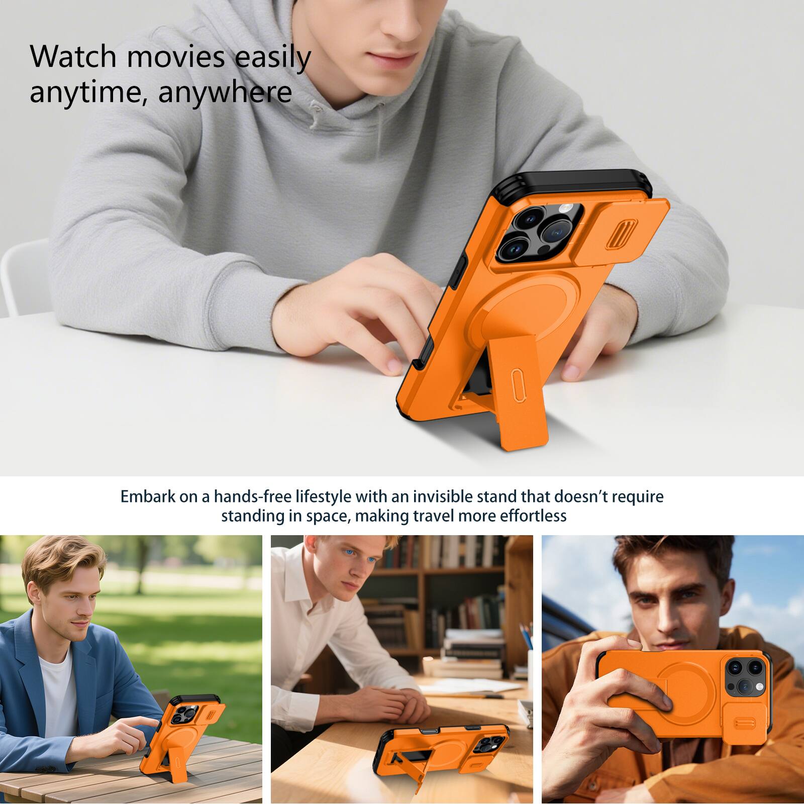 Watch movies easily anytime, anywhere

Embark on a hands-free lifestyle with an invisible stand that doesn't require standing in space, making travel more effortless
