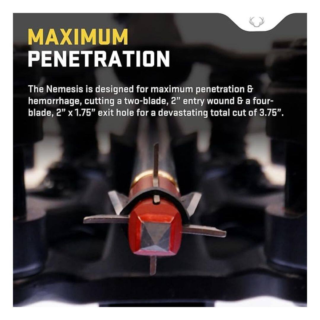 MAXIMUM PENETRATION

The Nemesis is designed for maximum penetration & hemorrhage, cutting a two-blade, 2" entry wound & a four-blade, 2" x 1.75" exit hole for a devastating total cut of 3.75".
