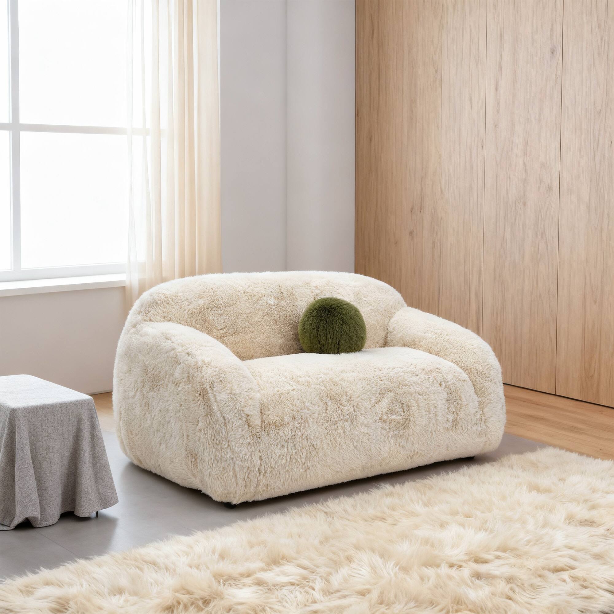 Left. Vaczon - Faux Fur Loveseat Sofa Cozy Shaggy Plush Chair for Home Apartment or Lounge Area with Accent Pillows - Sand.