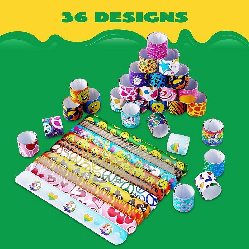 Angle. Joyfy - 144Pcs Slap Bracelets Party Favors for Kids, Bulk Wristbands with 36 Designs for Easter Birthday Goody Bags Stuffers - colorful.