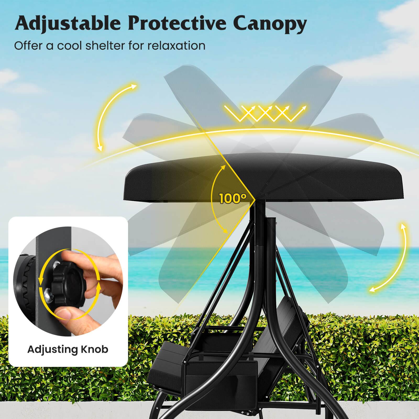Adjustable Protective Canopy  
Offer a cool shelter for relaxation  

Adjusting Knob  

100°