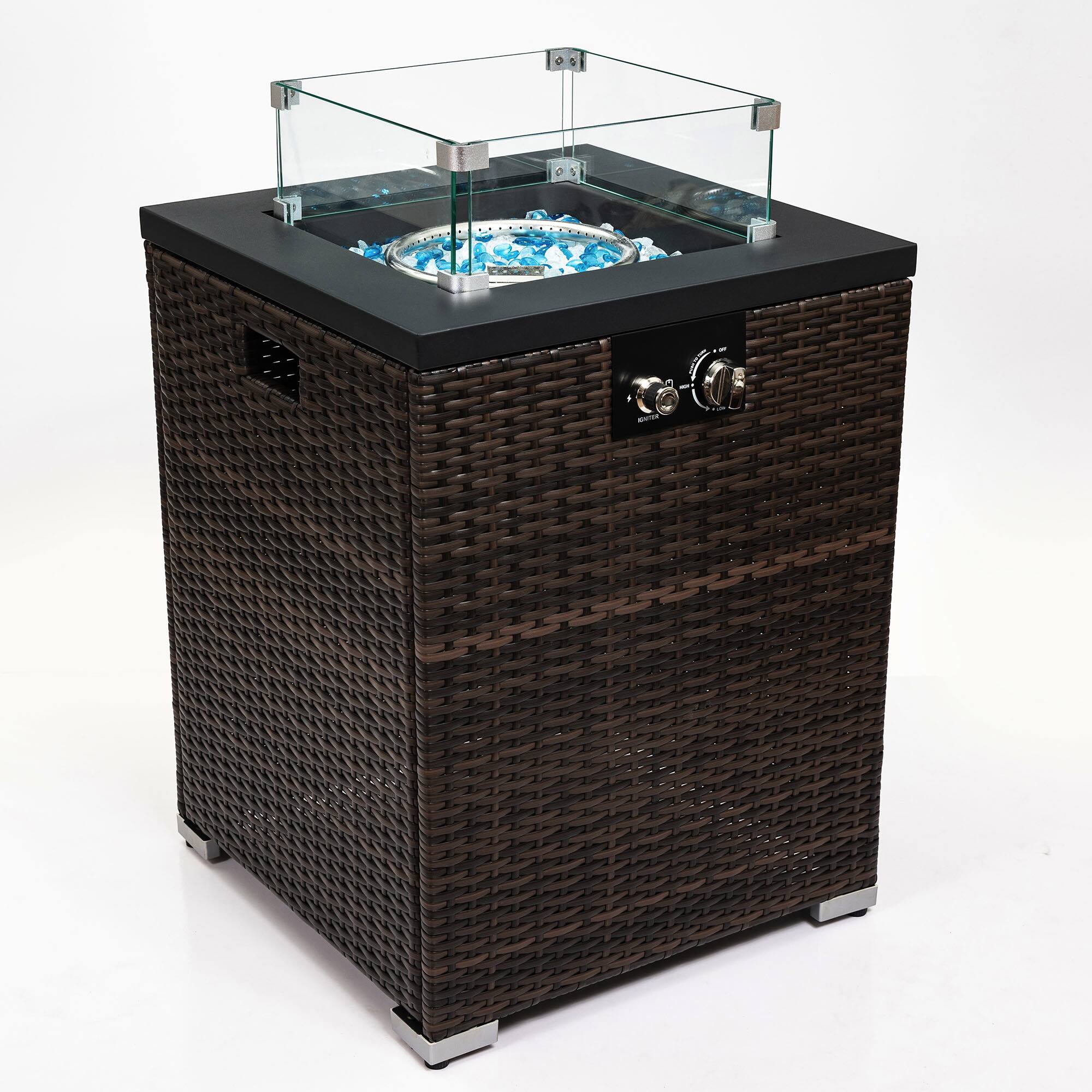 Front. Spaco - 22" Propane Fire Pit Table, 50000 BTU Square Steel Firepit with Wicker Base for Patio Garden - Dark Brown.