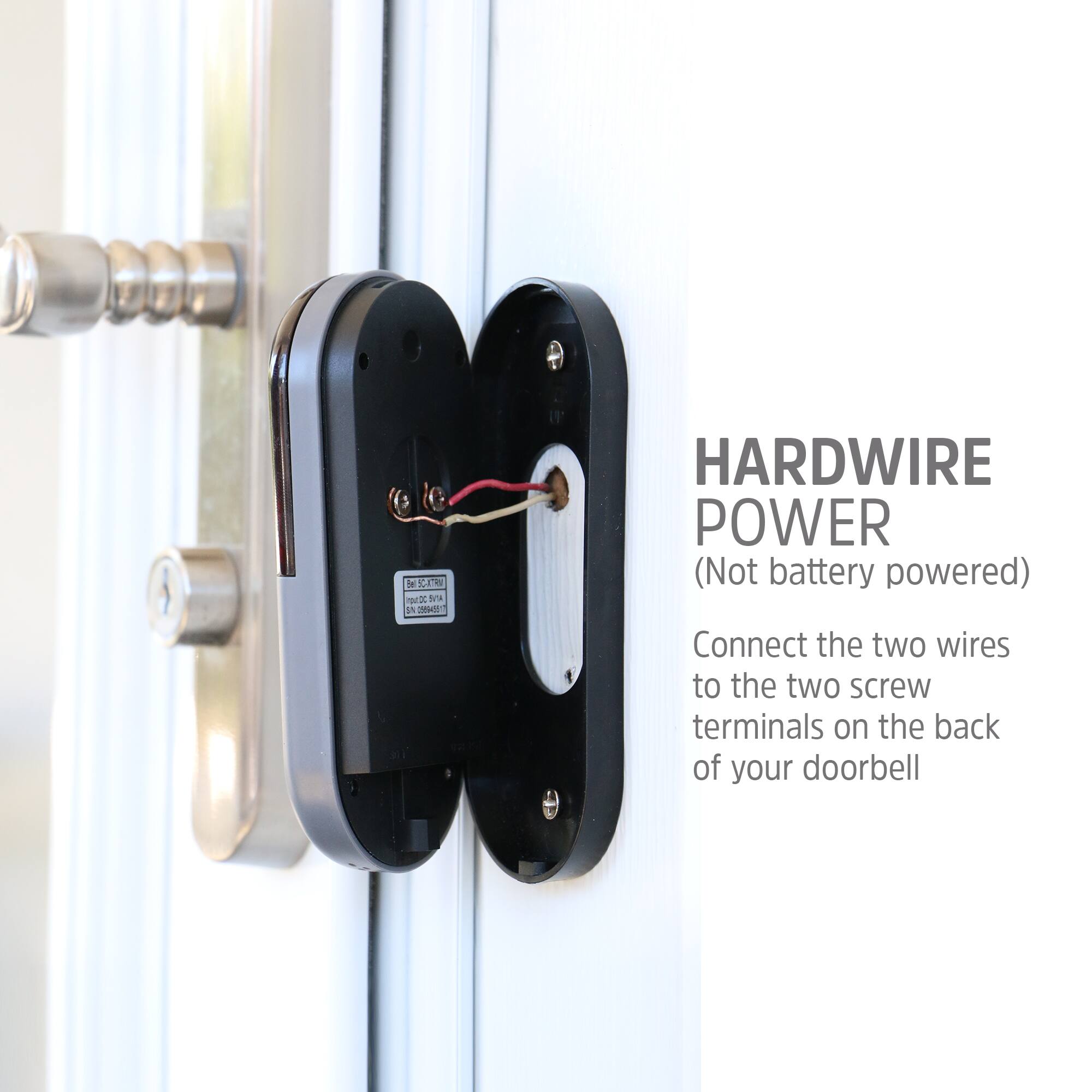 HARDWIRE POWER  
(Not battery powered)  
Connect the two wires to the two screw terminals on the back of your doorbell