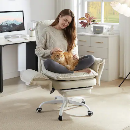 Front. Bestier - Cross Legged Executive Office Chair, Velvet Ergonomic Desk Chair with Flip-Up Arms, Retractable Footrest & Side Pockets - White Suede.