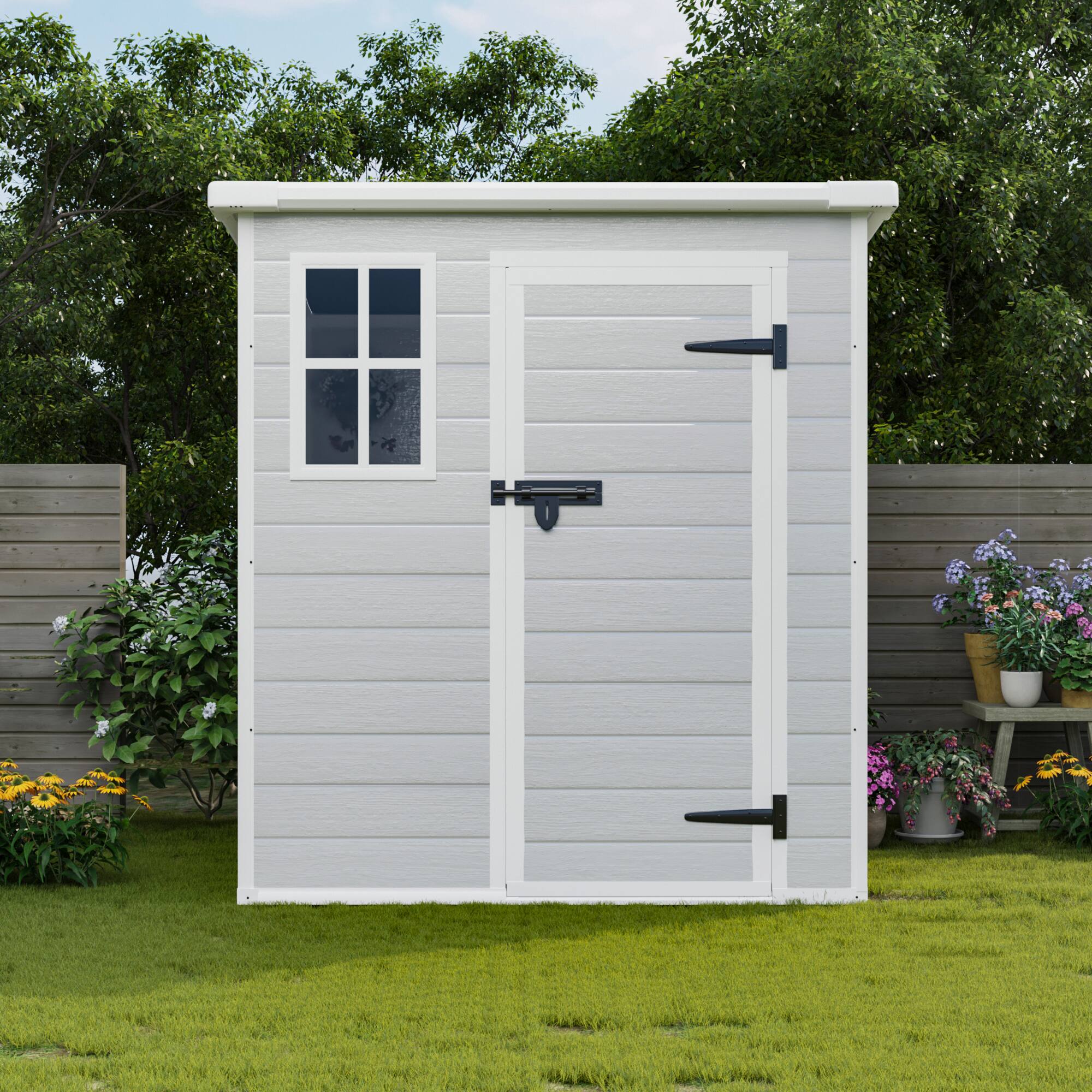 Left. Mondawe - 6x6 FT Waterproof Resin Outdoor Storage Shed with Floor & Window &  Lockable Doors and  Vents - Gray.