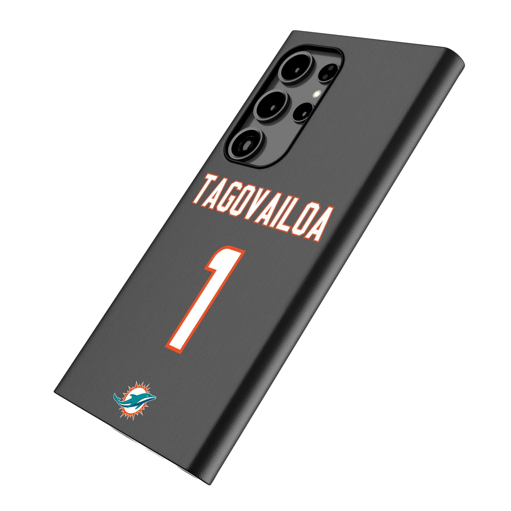 Alt View 1. Keyscaper - Tua Tagovailoa Black Miami Dolphins Galaxy Magnetic Bump Case - S24 Ultra - Black.