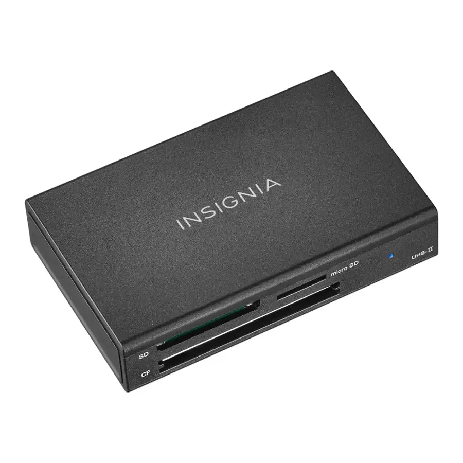 The text on the image reads "Insignia SD miero UHS-I SD CF." This text is grouped and corrected as follows:

"Insignia SD miero UHS-I SD CF"

Insignia is a brand name, and the product is a memory card reader that supports SD, UHS-I, and SD CF memory cards.