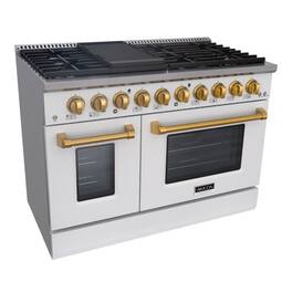Akicon - 6.7 Cu.ft Slide-in Freestanding Gas Convection Range with 6 Burners and Cast Iron Grates in White with Gold - White with Gold