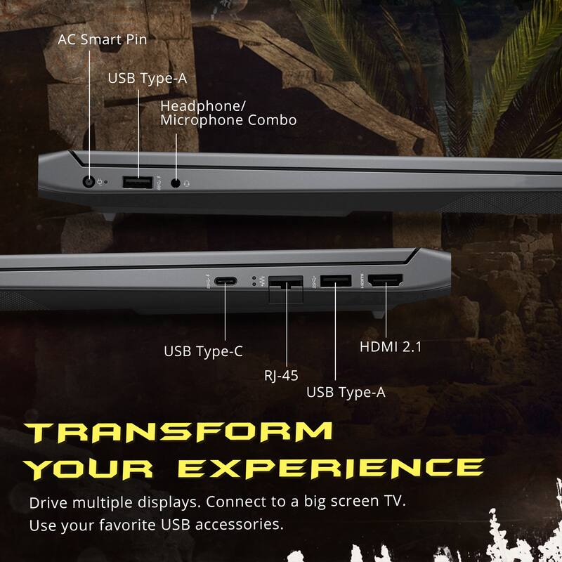 AC Smart Pin  
USB Type-A  
Headphone/Microphone Combo  
USB Type-C  
RJ-45  
HDMI 2.1  
USB Type-A  

TRANSFORM YOUR EXPERIENCE  
Drive multiple displays. Connect to a big screen TV.  
Use your favorite USB accessories.