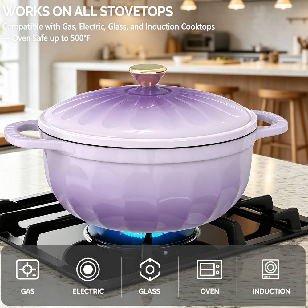 WORKS ON ALL STOVETOPS  
Compatible with Gas, Electric, Glass, and Induction Cooktops  
— Oven Safe up to 500°F  

GAS  
ELECTRIC  
GLASS  
OVEN  
INDUCTION