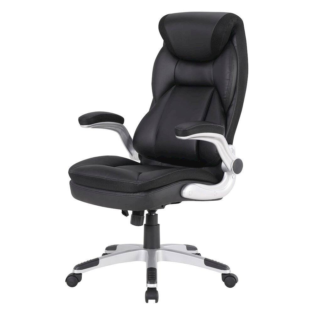 Alt View 4. FurniFact - Executive Black Leather Chair – High-Back Work Chair With Silver Base - Black / Silver.