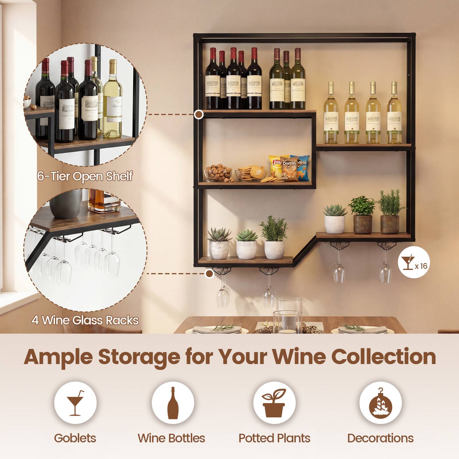6-Tier Open Shelf  
4 Wine Glass Racks  
Ample Storage for Your Wine Collection  
Goblets  
Wine Bottles  
Potted Plants  
Decorations