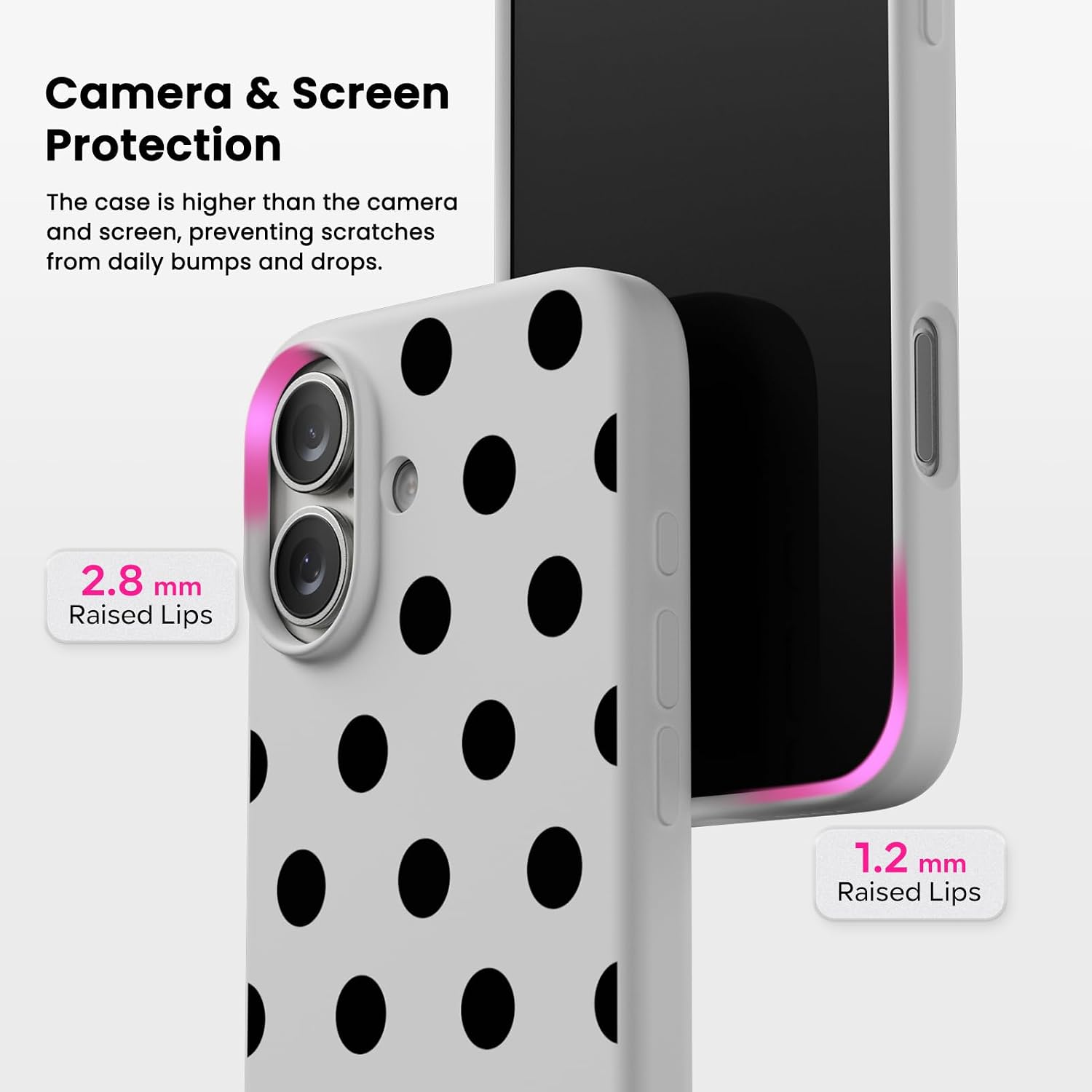 Camera & Screen Protection

The case is higher than the camera and screen, preventing scratches from daily bumps and drops.

2.8 mm Raised Lips

1.2 mm Raised Lips