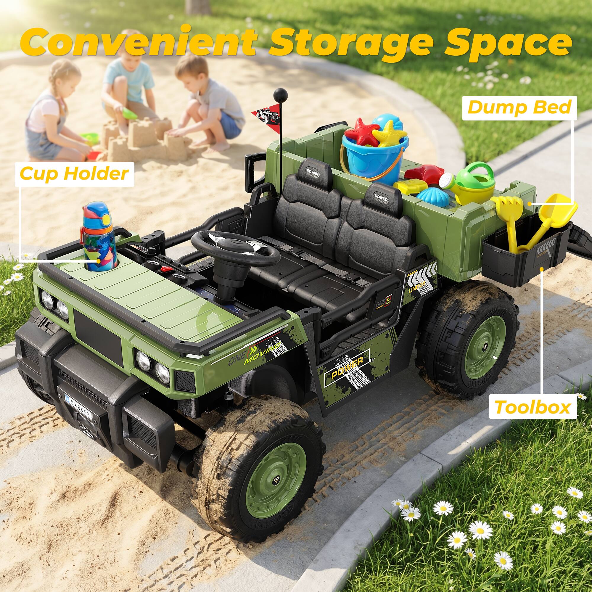 Convenient Storage Space  
Cup Holder  
Dump Bed  
Toolbox