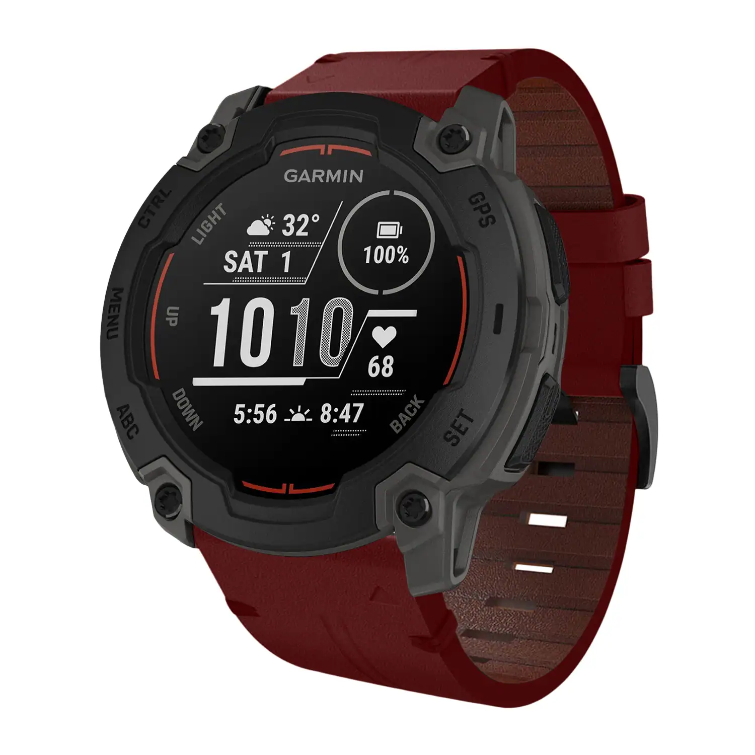 GARMIN CTRL LIGHT 32 GPS SAT 1 100% MENU UP 10:10 68 ABC DOWN 5:56 8:47 BACK SET