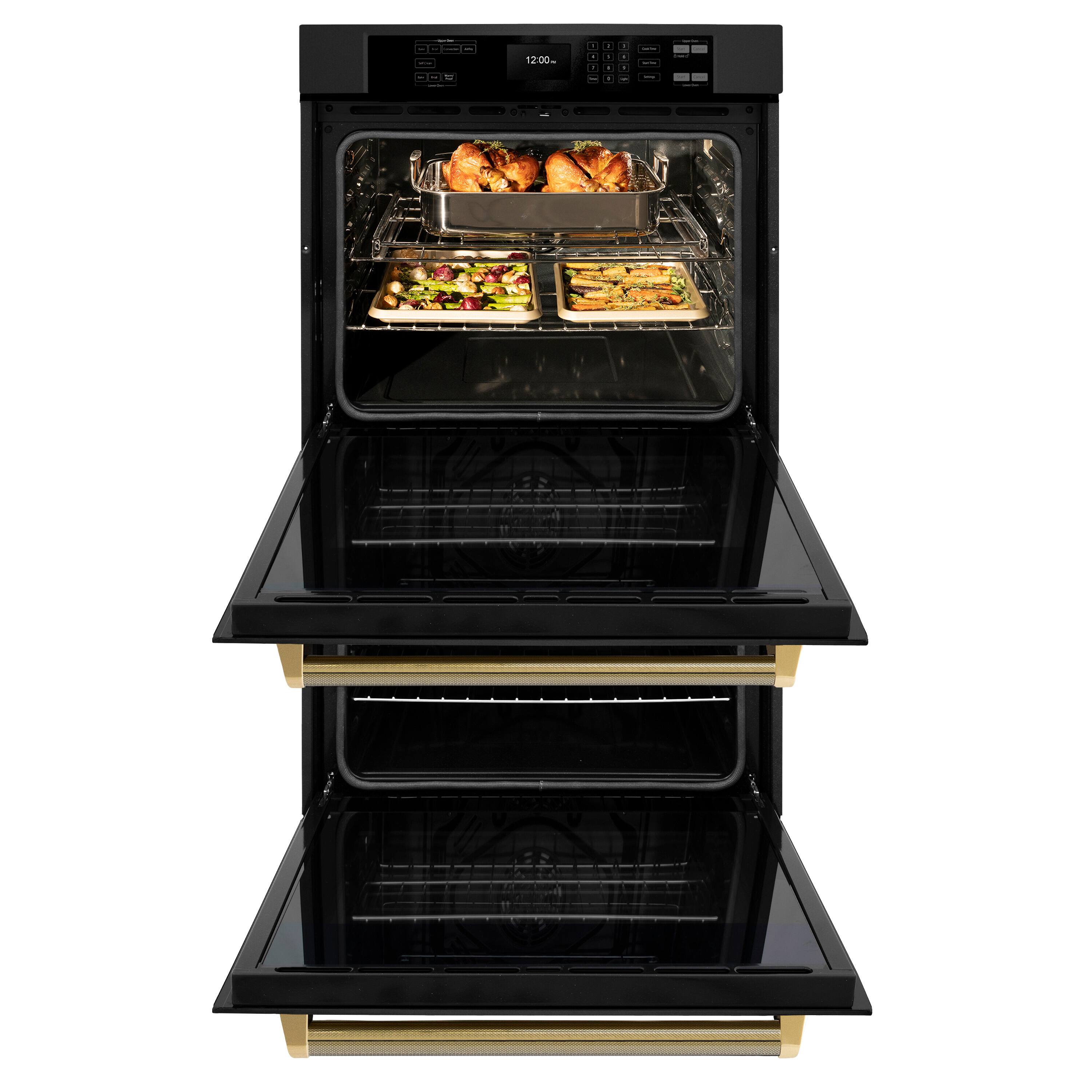 Left. ZLINE - ZLINE Autograph 30 in. True Convection Double Wall Oven in Black Steel with Gold Helix Handles (WADBZ-30-KG) - Black Stainless Steel.