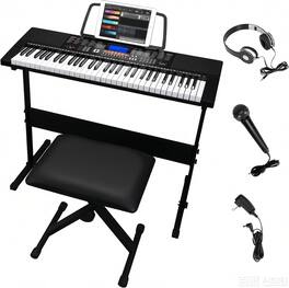 Winado - 61-Key Portable Electronic Keyboard Piano set w/LCD Screen, Stand, Microphone, Headphones, Stand, Bench, Teaching Modes