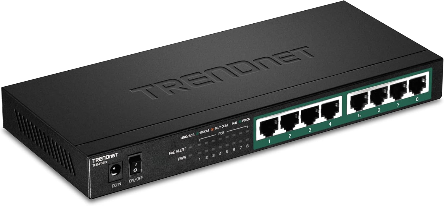 TRENDNET  
TP-LINK 10/100M 3 1000M PoE  
LINK/ACT: 2 1 7 8  
ALERT 5 6  
TRENDNET PoE PWR 12345678  
1 2 3 4  
TPE-TG83  
DC IN 7  
ON/OFF