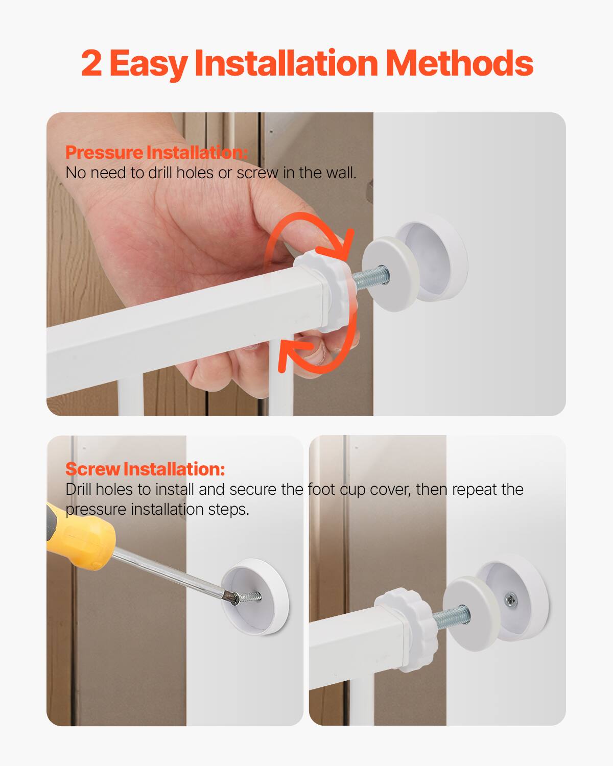 2 Easy Installation Methods

Pressure Installation:
No need to drill holes or screw in the wall.

Screw Installation:
Drill holes to install and secure the foot cup cover, then repeat the pressure installation steps.