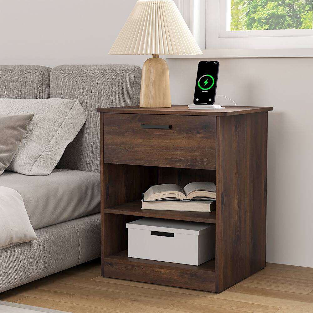Angle. Spaco - Nightstand with Charging Station,2 USB,Type C,Drawer,Adjustable Shelf - Brown.