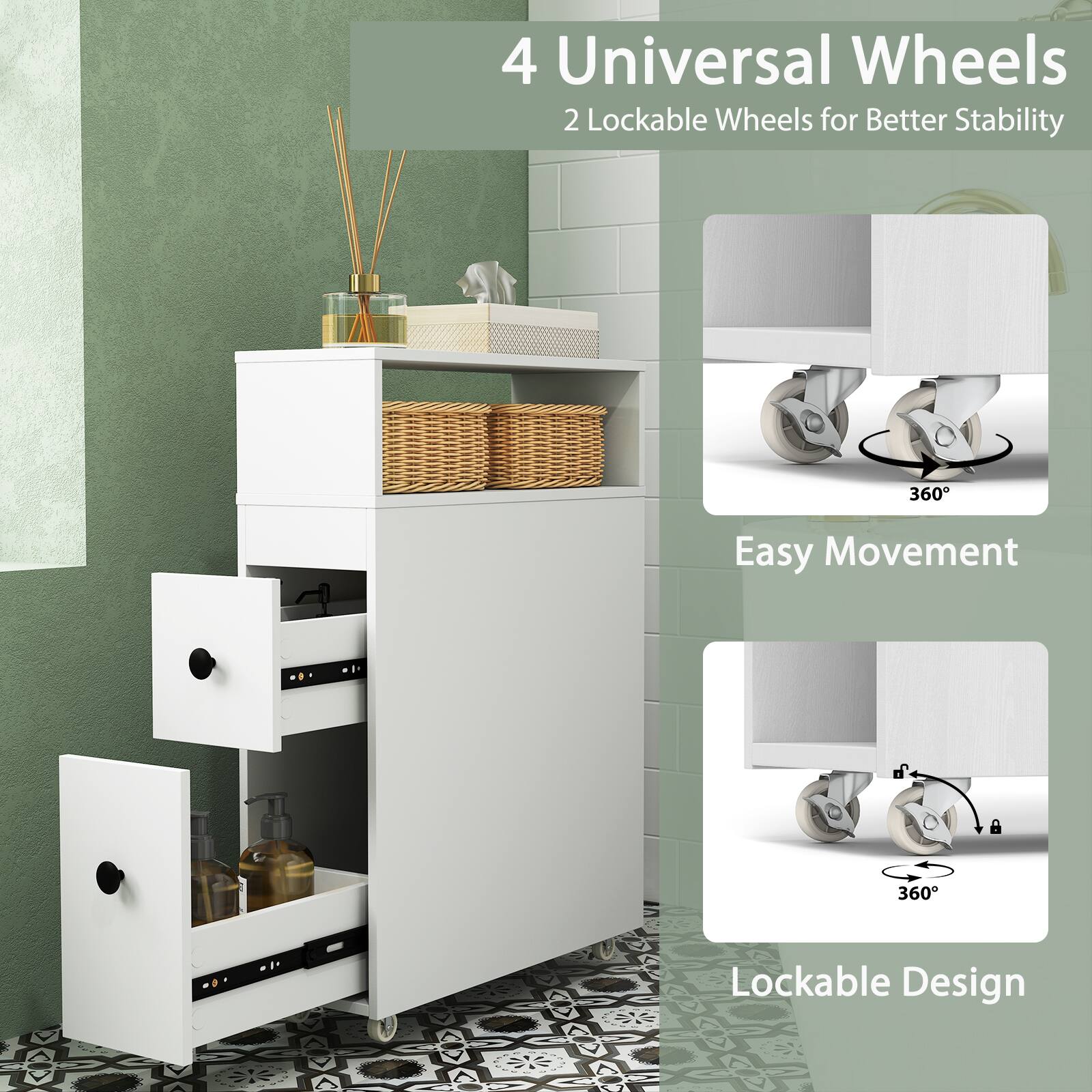 4 Universal Wheels
2 Lockable Wheels for Better Stability
360° Easy Movement
360° Lockable Design