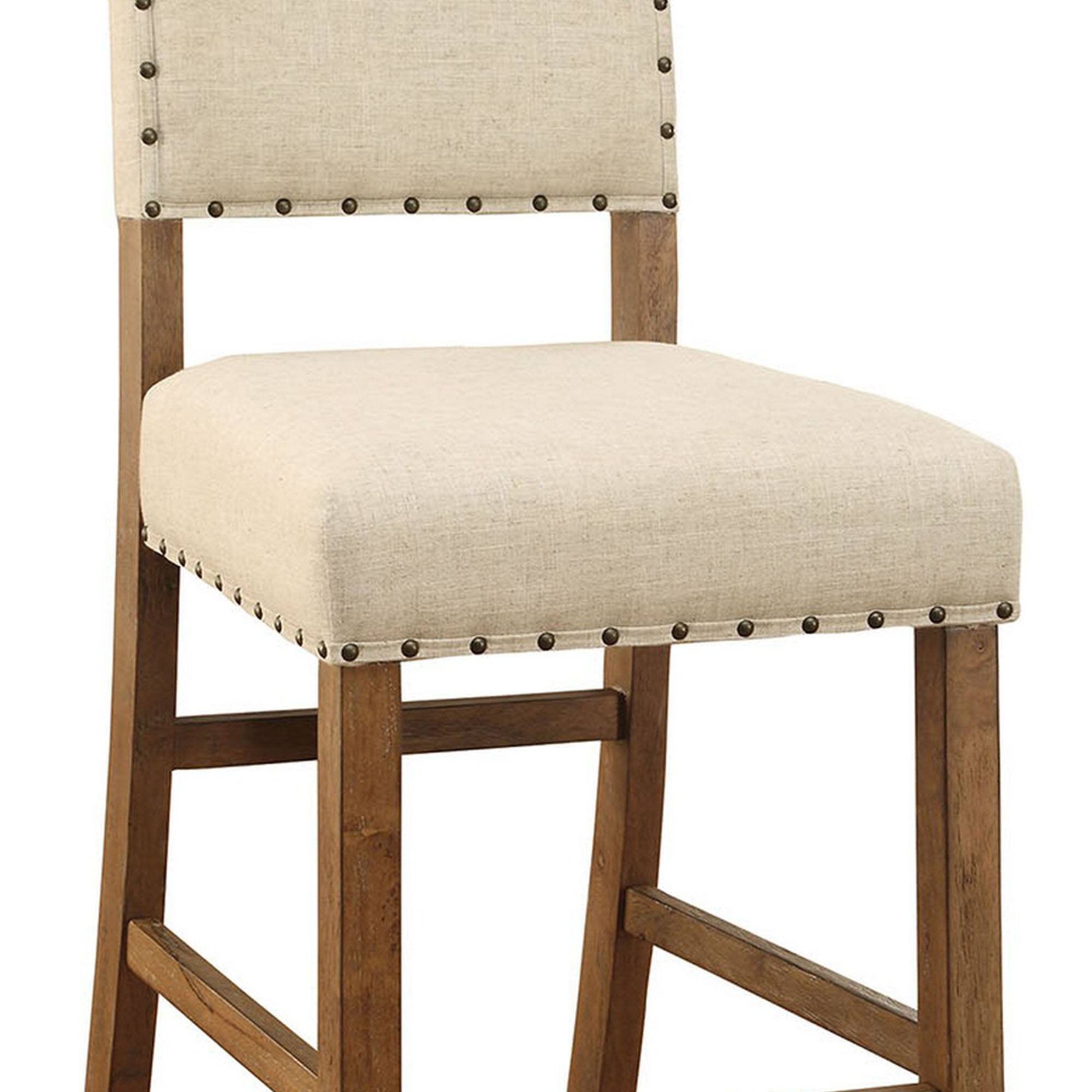 Alt View 2. Manhattan Lane - Counter Height Chair, Beige Fabric, Nailhead Trim, Set of 2, Brown Wood Legs - Brown and Beige.
