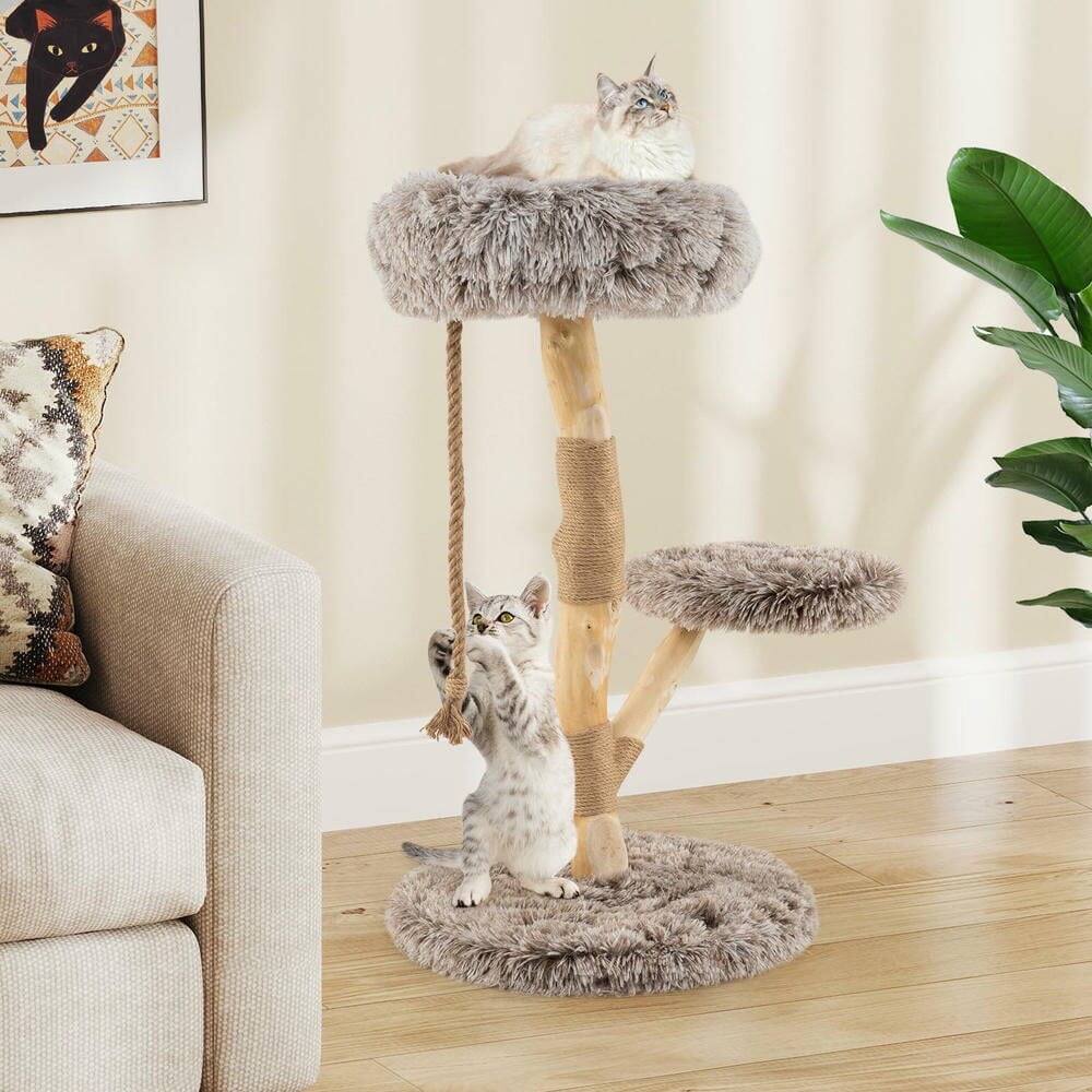 Angle. Kadyn - Modern Wooden Cat Tree Tower with Perch and Jute Scratching Posts, Brown - Brown.