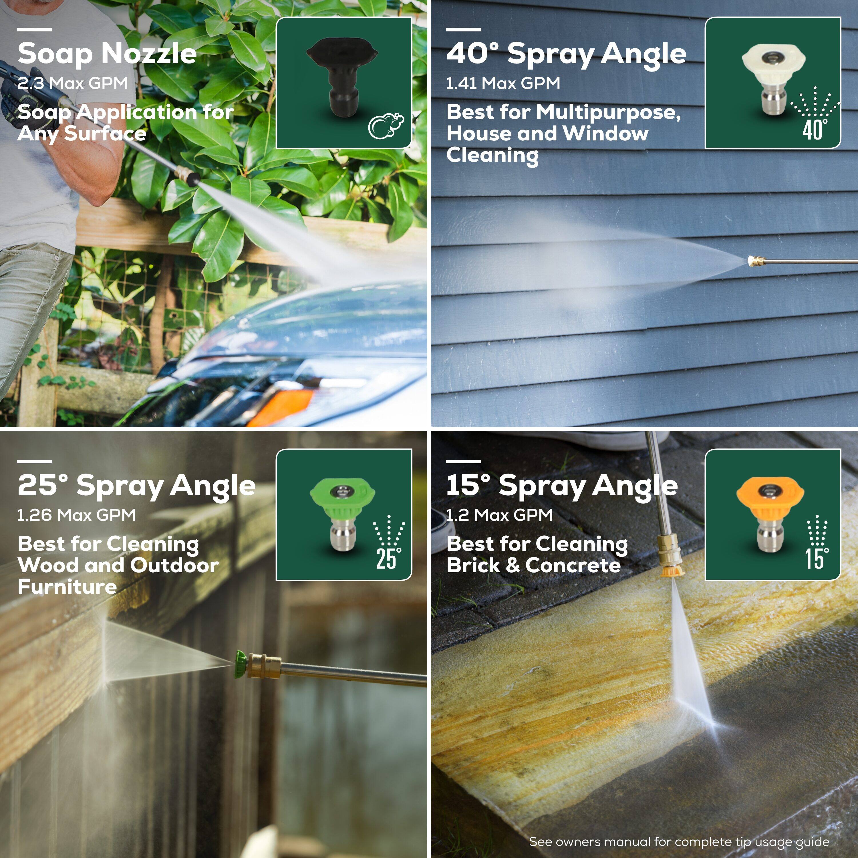 The text on the image can be grouped and corrected as follows:

1. Soap Nozzle:
* 2.3 Max GPM
* Soap Application for Any Surface
* 40 Spray Angle
1. 40 Spray Angle:
* 1.41 Max GPM
* Best for Multipurpose, House and Window Cleaning
1. 25 Spray Angle:
* 1.26 Max GPM
* Best for Cleaning Wood and Outdoor Furniture
1. 15 Spray Angle:
* 1.2 Max GPM
* Best for Cleaning Brick & Concrete
* See owners manual for complete tip usage guide