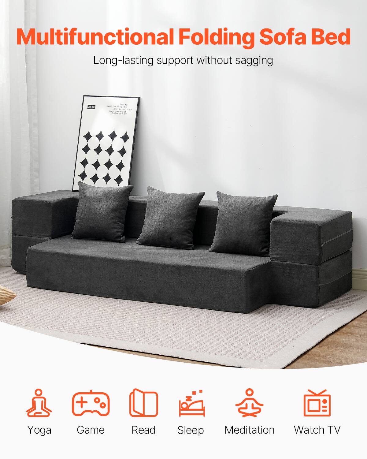 Multifunctional Folding Sofa Bed  
Long-lasting support without sagging  

- Yoga  
- Game  
- Read  
- Sleep  
- Meditation  
- Watch TV