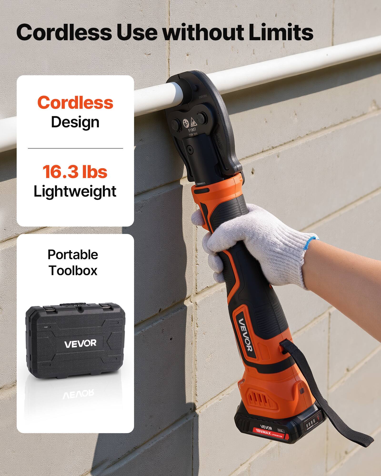Cordless Use without Limits  
Cordless Design  
16.3 lbs Lightweight  
Portable Toolbox  

VEVOR  
VEVOR TRVMAX 30