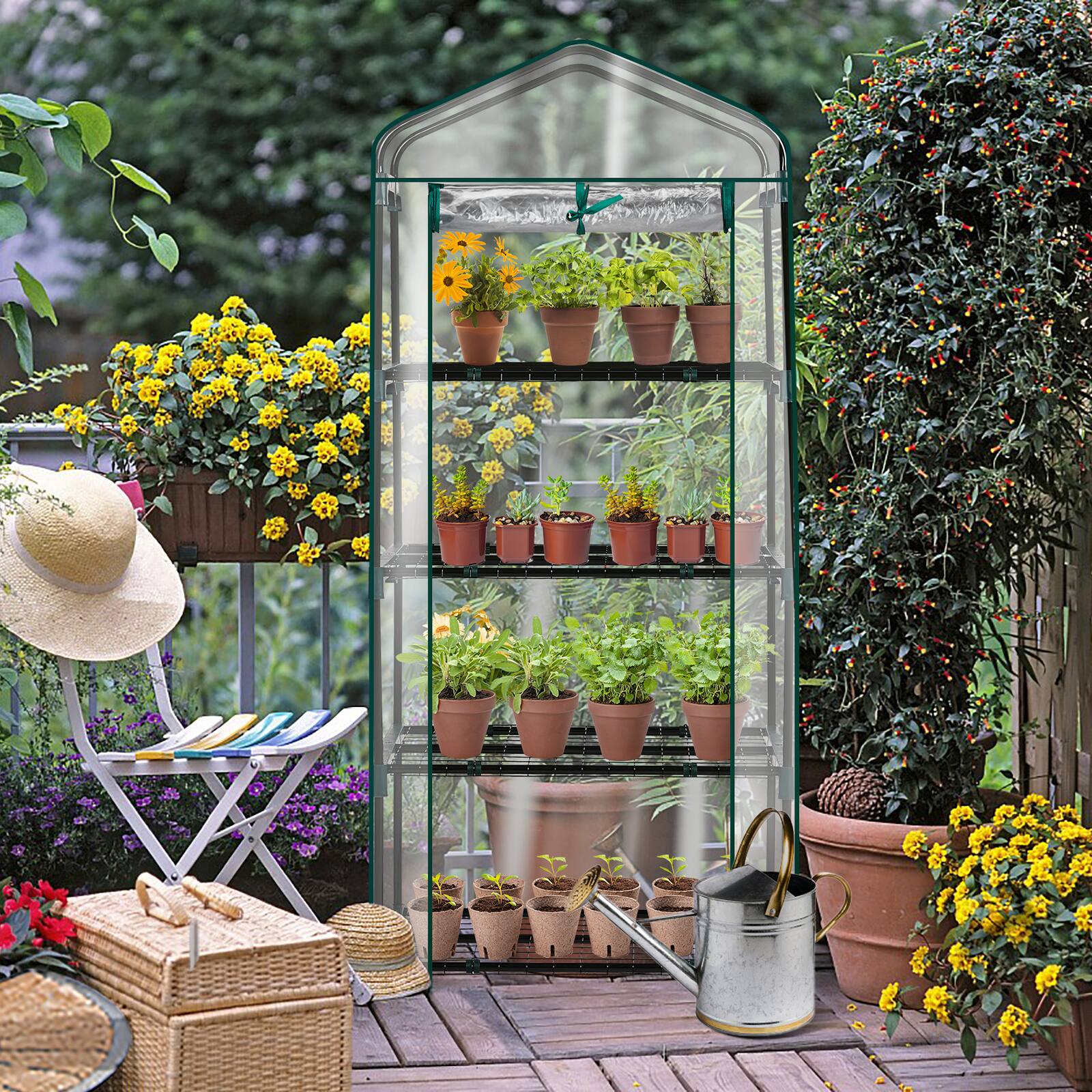 Alt View 1. Winado - 4 Tier Mini Greenhouse with PVC Cover & Roll-Up Zipper Door, Portable Waterproof Greenhouse.