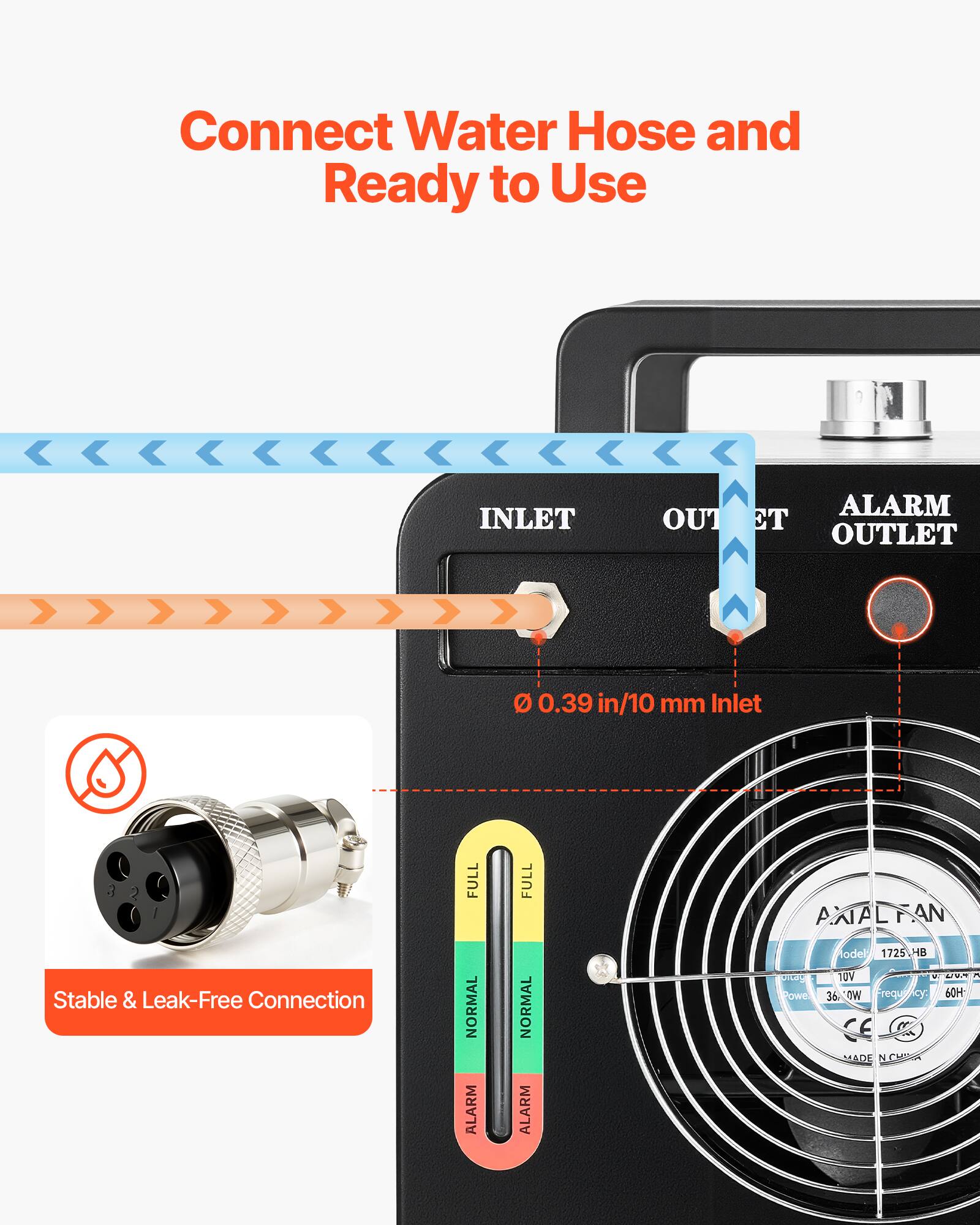 Connect Water Hose and Ready to Use

INLET
OUTLET
ALARM OUTLET

Ø 0.39 in/10 mm Inlet

Stable & Leak-Free Connection

FULL NORMAL ALARM

ANXFAN
Model 1725, HB
10V Power 36W
Frequency 60Hz
MADE IN CHINA