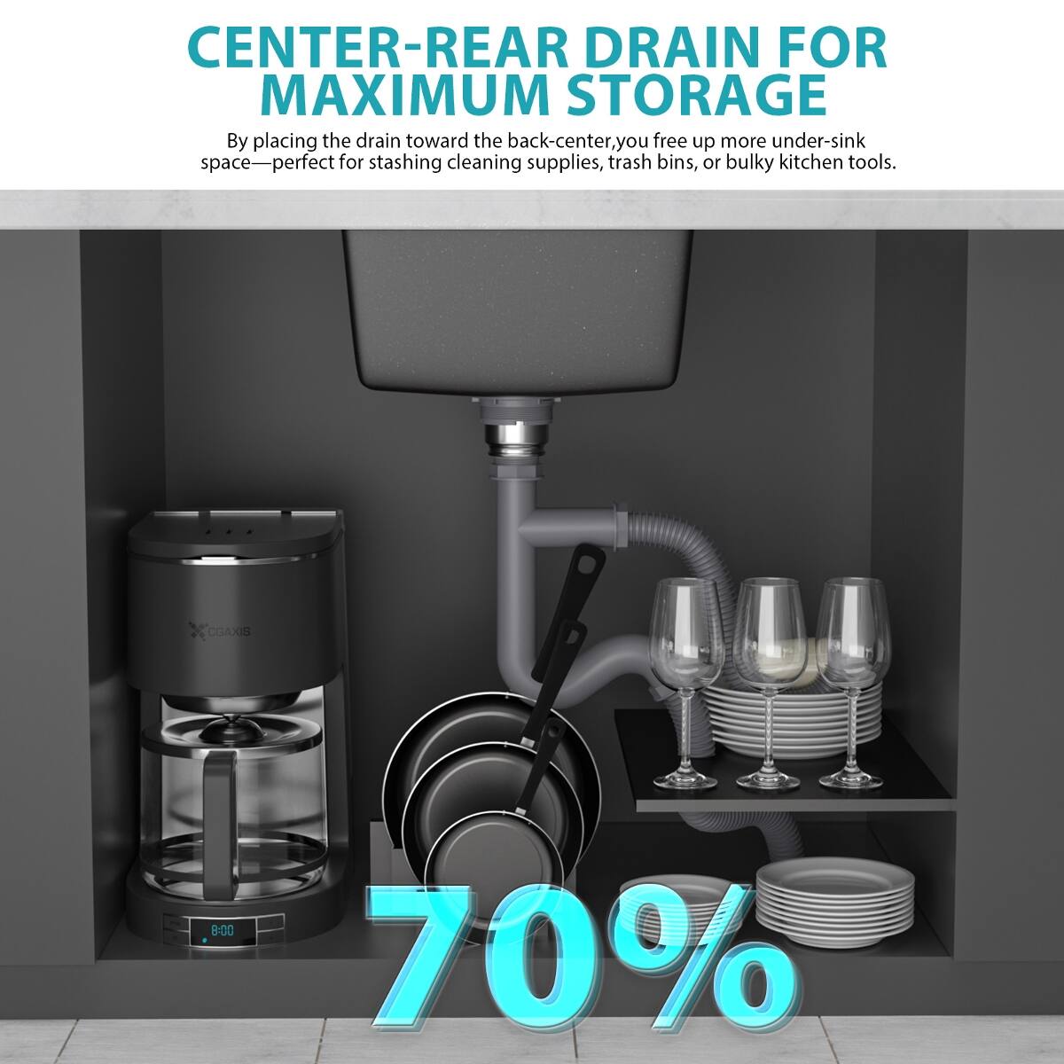 CENTER-REAR DRAIN FOR MAXIMUM STORAGE

By placing the drain toward the back-center, you free up more under-sink space—perfect for stashing cleaning supplies, trash bins, or bulky kitchen tools.

CGAXIS

70%